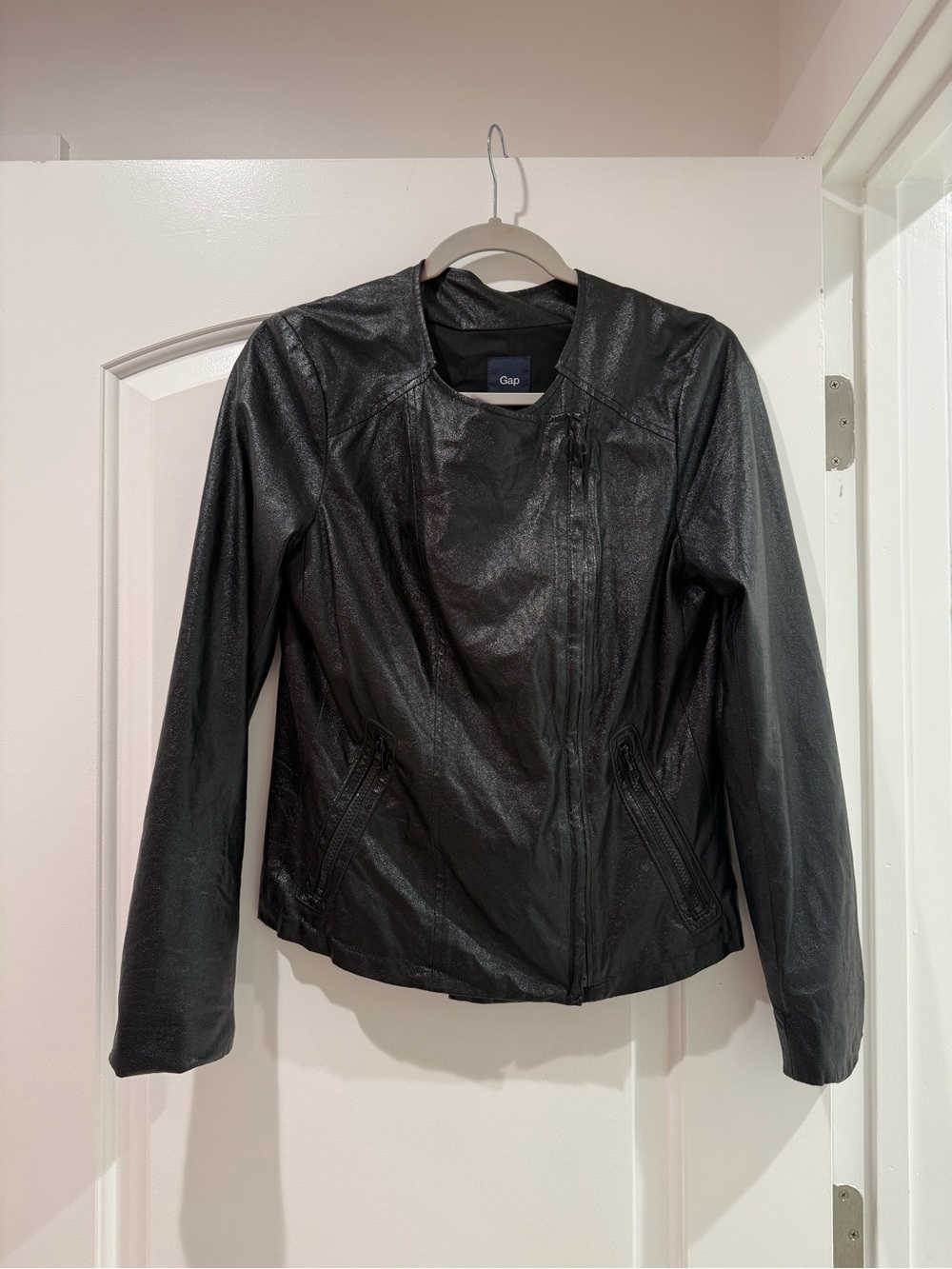 GAP Black Faux Leather Asymmetrical Zip Moto Jacket